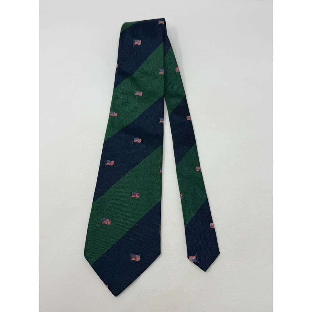 Polo Ralph Lauren Silk Tie Navy Green Stripe American Flag‎ Handmade Made in USA